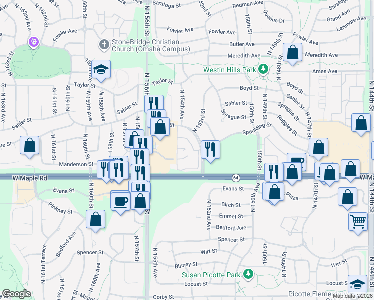 map of restaurants, bars, coffee shops, grocery stores, and more near 3904 North 153rd Court in Omaha