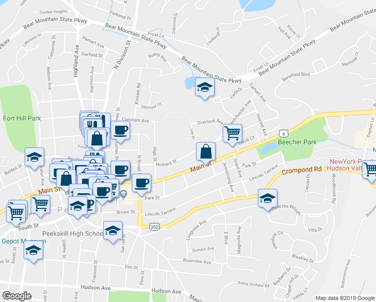 map of restaurants, bars, coffee shops, grocery stores, and more near 1368 Howard Street in Peekskill