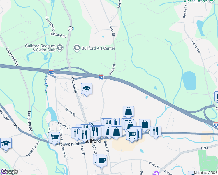 map of restaurants, bars, coffee shops, grocery stores, and more near 257 State Street in Guilford