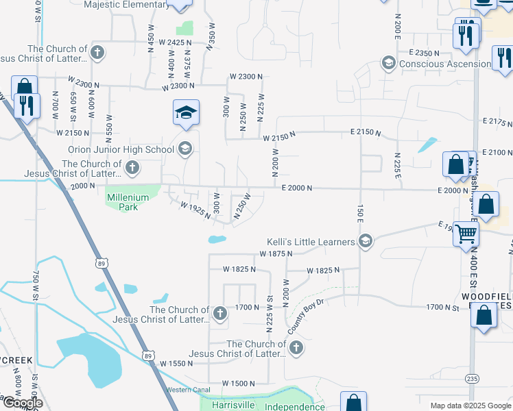 map of restaurants, bars, coffee shops, grocery stores, and more near 1958 North 225 West in Harrisville