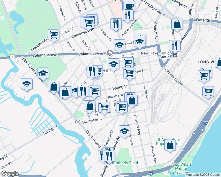 map of restaurants, bars, coffee shops, grocery stores, and more near 160 Spring Street in New Haven