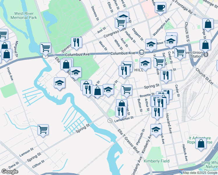 map of restaurants, bars, coffee shops, grocery stores, and more near 82 Truman Street in New Haven