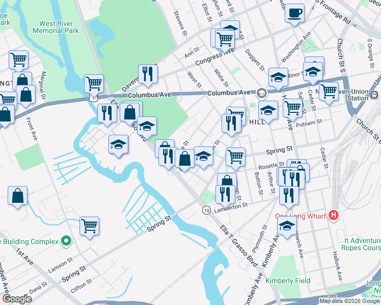 map of restaurants, bars, coffee shops, grocery stores, and more near 188 Frank Street in New Haven