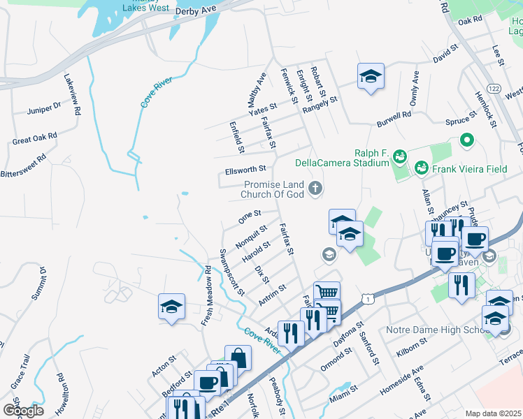 map of restaurants, bars, coffee shops, grocery stores, and more near 40 Orne Street in West Haven