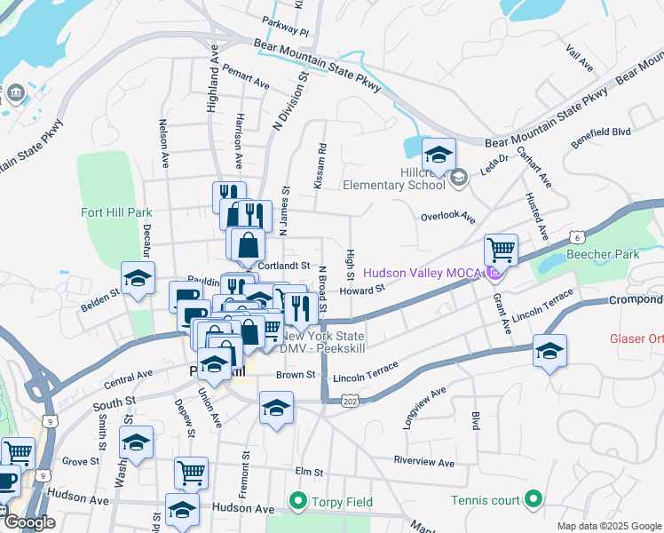 map of restaurants, bars, coffee shops, grocery stores, and more near 214 North Broad Street in Peekskill