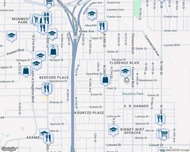 map of restaurants, bars, coffee shops, grocery stores, and more near 2444 Manderson Street in Omaha