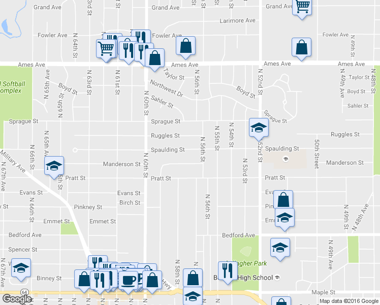 map of restaurants, bars, coffee shops, grocery stores, and more near 5722 Manderson Street in Omaha