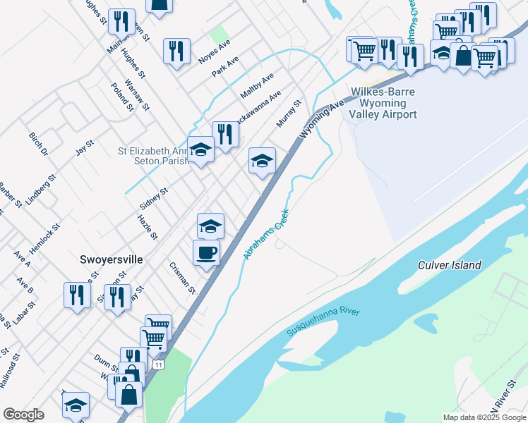 map of restaurants, bars, coffee shops, grocery stores, and more near 1669 Wyoming Avenue in Forty Fort