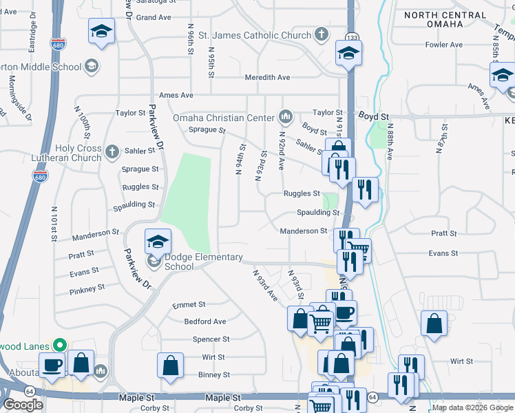 map of restaurants, bars, coffee shops, grocery stores, and more near 9311 Spaulding Street in Omaha