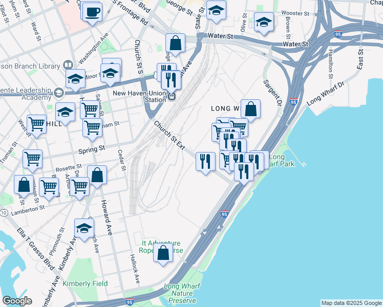 map of restaurants, bars, coffee shops, grocery stores, and more near Church Street in New Haven