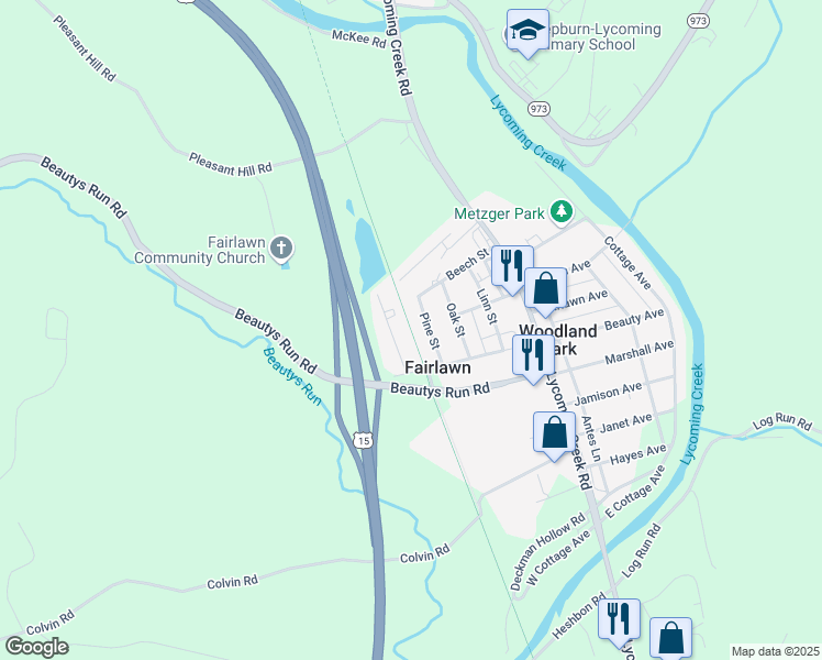 map of restaurants, bars, coffee shops, grocery stores, and more near Lycoming Creek Bikeway in Cogan Station