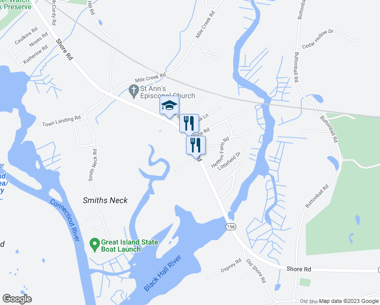 map of restaurants, bars, coffee shops, grocery stores, and more near 105 Shore Road in Old Lyme