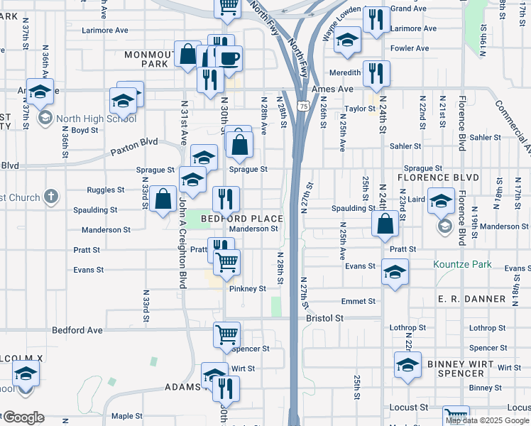 map of restaurants, bars, coffee shops, grocery stores, and more near 2819 Spaulding Street in Omaha