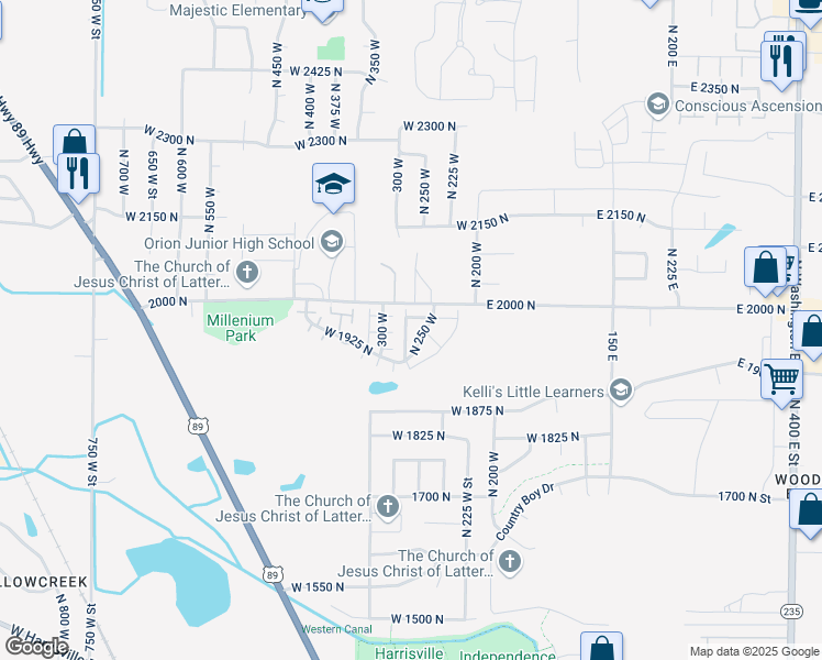 map of restaurants, bars, coffee shops, grocery stores, and more near 1960 North 275 West in Harrisville