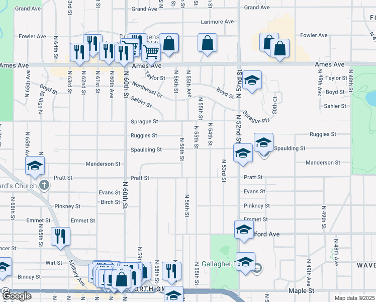 map of restaurants, bars, coffee shops, grocery stores, and more near 3802 North 56th Street in Omaha