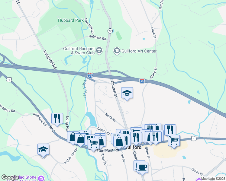 map of restaurants, bars, coffee shops, grocery stores, and more near 280 Church Street in Guilford