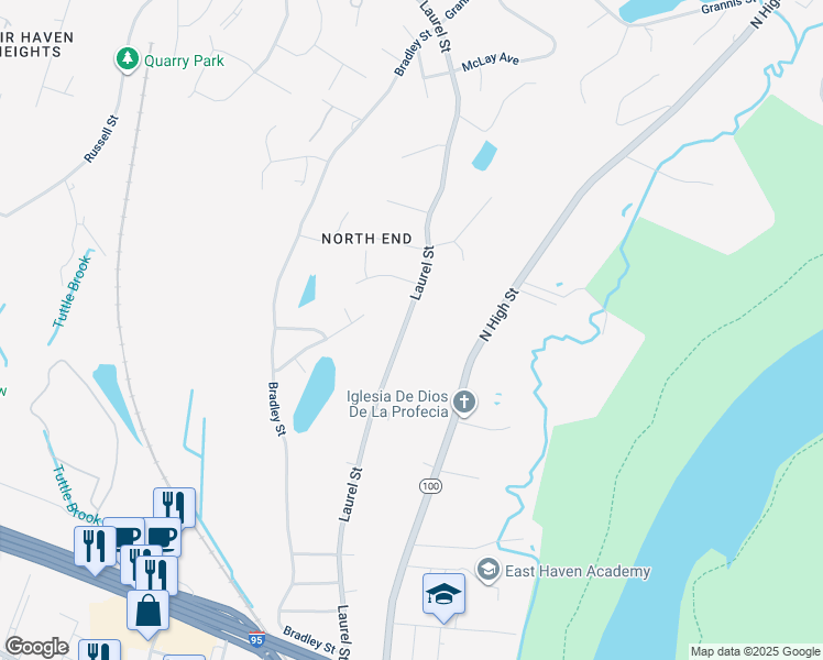 map of restaurants, bars, coffee shops, grocery stores, and more near 297 Laurel Street in East Haven