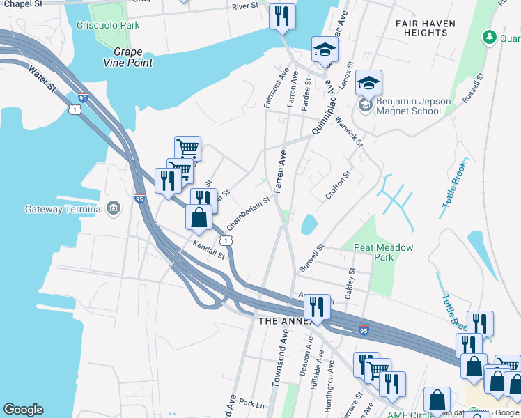 map of restaurants, bars, coffee shops, grocery stores, and more near 67 Chamberlain Street in New Haven