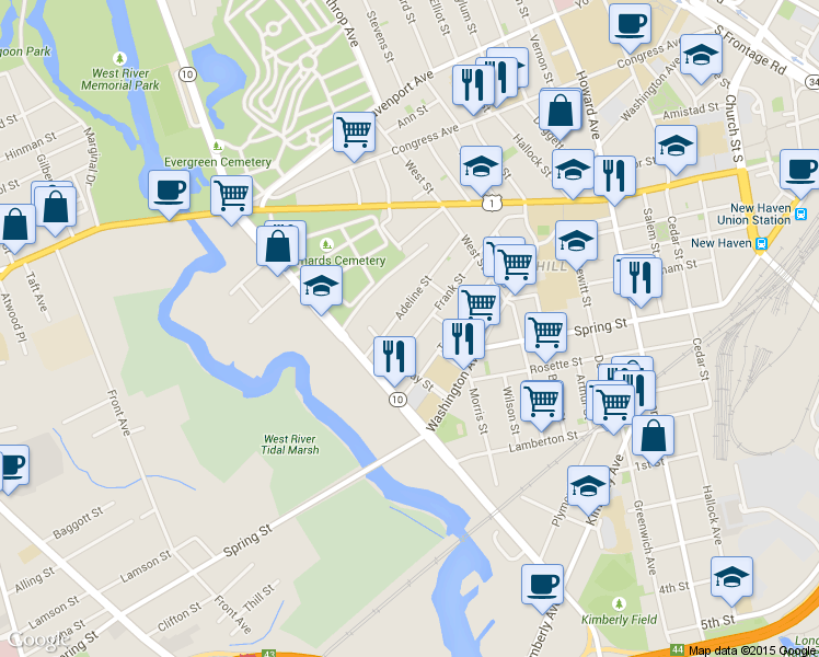 map of restaurants, bars, coffee shops, grocery stores, and more near 188 Frank Street in New Haven