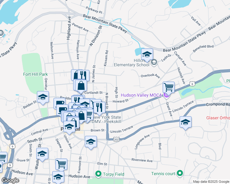 map of restaurants, bars, coffee shops, grocery stores, and more near 214 High Street in Peekskill