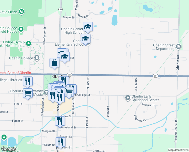 map of restaurants, bars, coffee shops, grocery stores, and more near 67 North Park Street in Oberlin