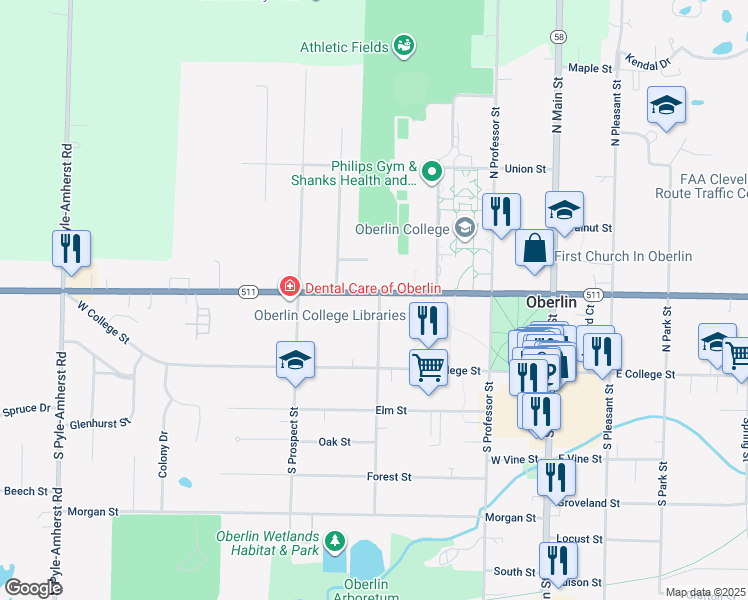 map of restaurants, bars, coffee shops, grocery stores, and more near 64 North Cedar Street in Oberlin