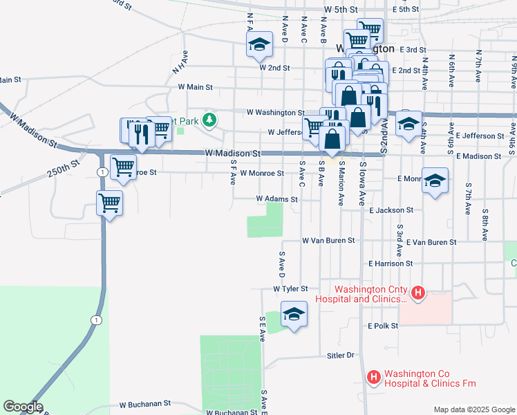 map of restaurants, bars, coffee shops, grocery stores, and more near 501 West Adams Street in Washington