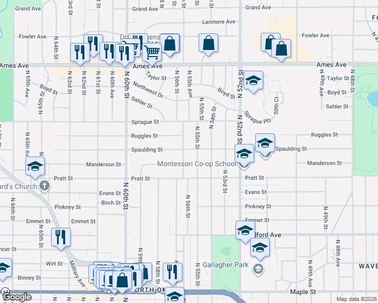 map of restaurants, bars, coffee shops, grocery stores, and more near 3802 North 56th Street in Omaha