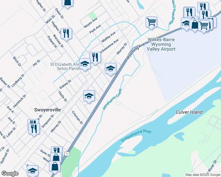 map of restaurants, bars, coffee shops, grocery stores, and more near 1669 Wyoming Avenue in Forty Fort