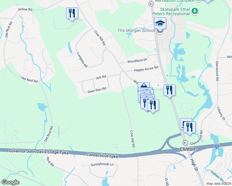 map of restaurants, bars, coffee shops, grocery stores, and more near 73 Cow Hill Road in Clinton