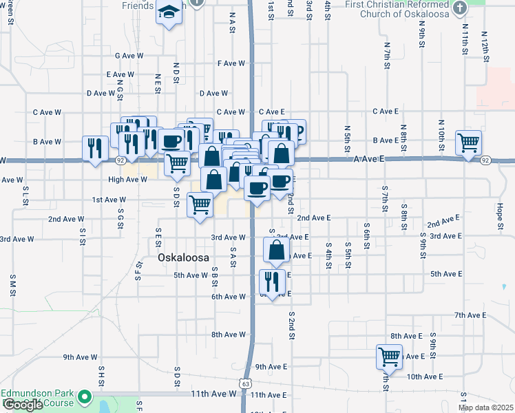 map of restaurants, bars, coffee shops, grocery stores, and more near 106 1st Avenue East in Oskaloosa