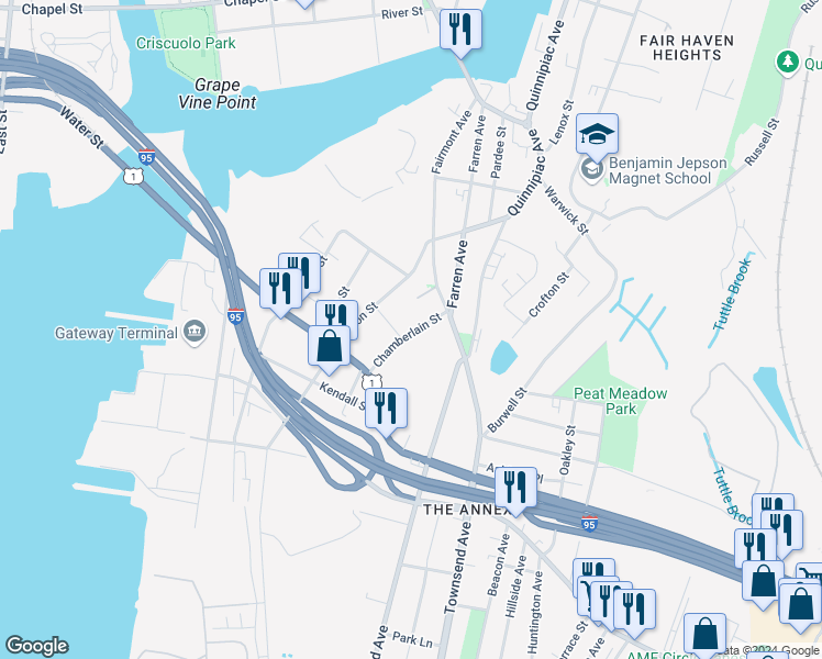 map of restaurants, bars, coffee shops, grocery stores, and more near 29 Chamberlain Street in New Haven