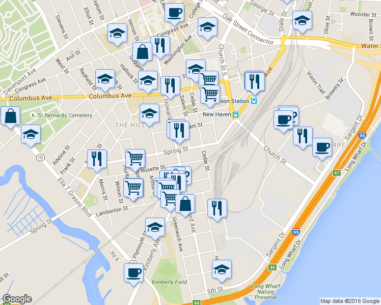 map of restaurants, bars, coffee shops, grocery stores, and more near 16 Rosette Street in New Haven