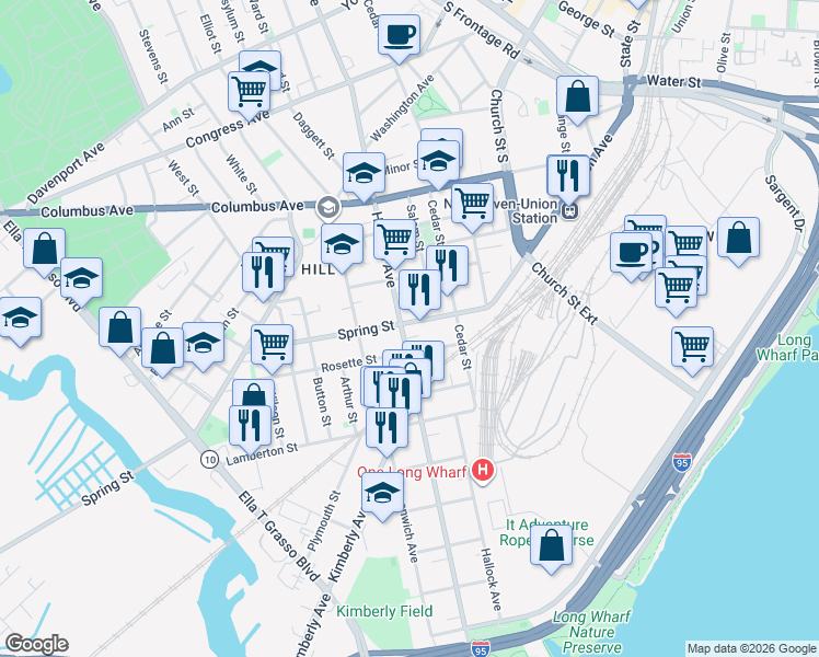 map of restaurants, bars, coffee shops, grocery stores, and more near 451 Howard Avenue in New Haven