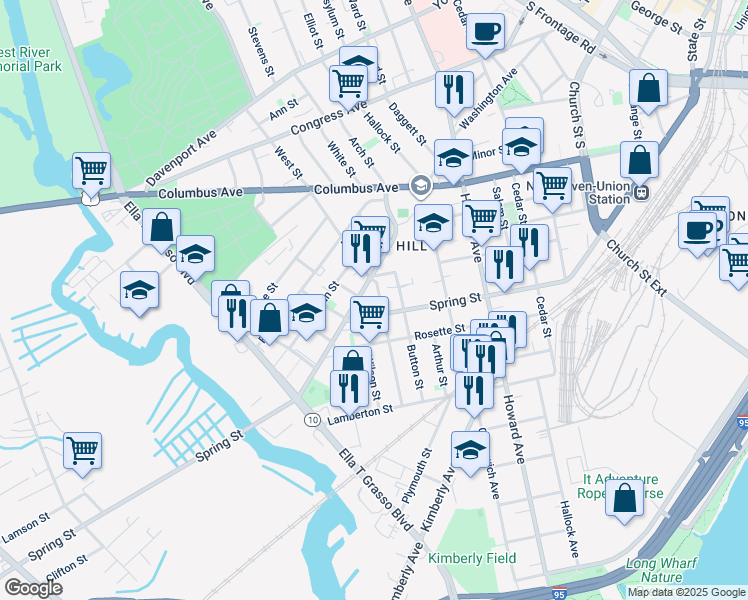map of restaurants, bars, coffee shops, grocery stores, and more near 200 Spring Street in New Haven