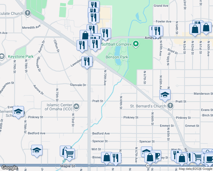 map of restaurants, bars, coffee shops, grocery stores, and more near 3811 North 70th Avenue in Omaha