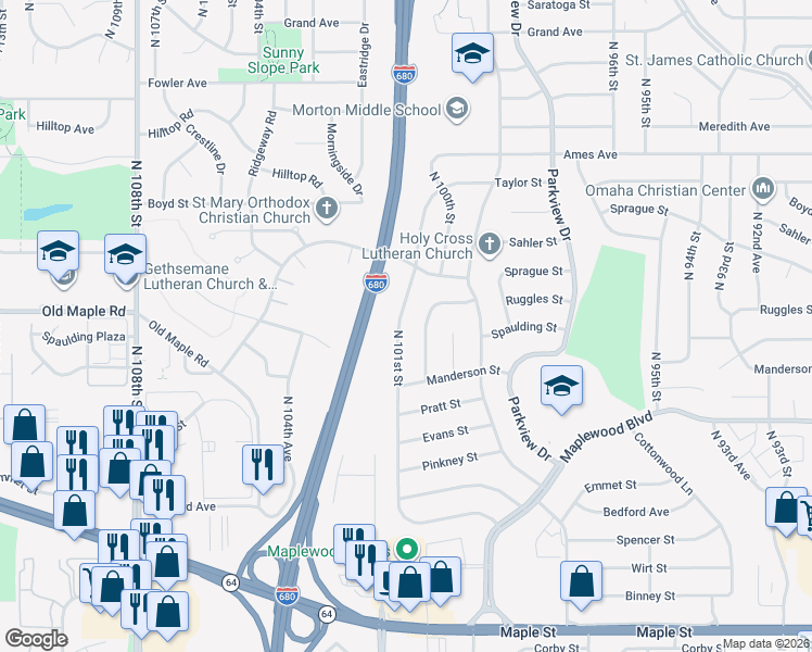 map of restaurants, bars, coffee shops, grocery stores, and more near 3824 North 100th Avenue in Omaha