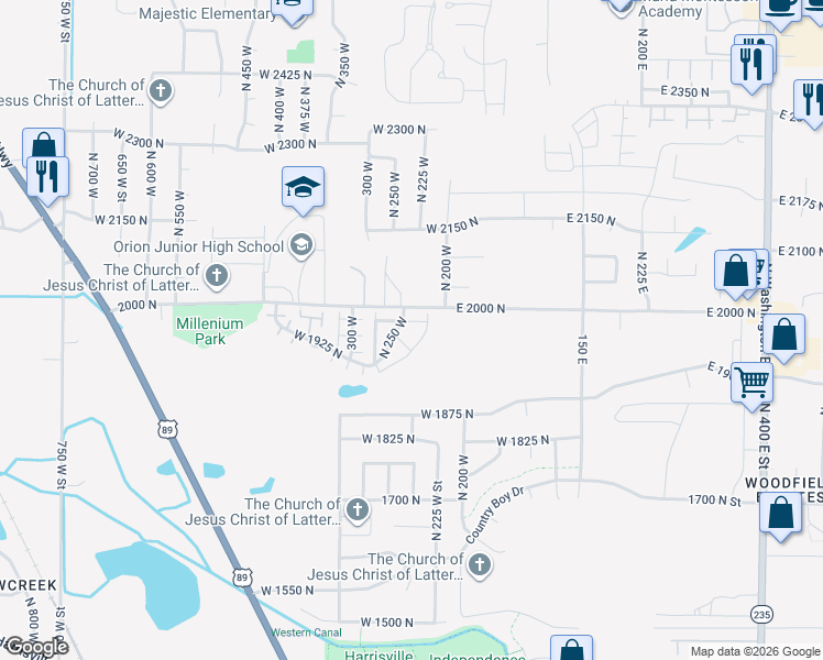 map of restaurants, bars, coffee shops, grocery stores, and more near 1958 North 225 West in Harrisville