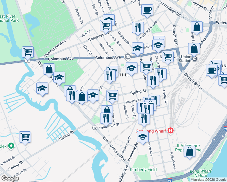 map of restaurants, bars, coffee shops, grocery stores, and more near 114 Hurlburt Street in New Haven