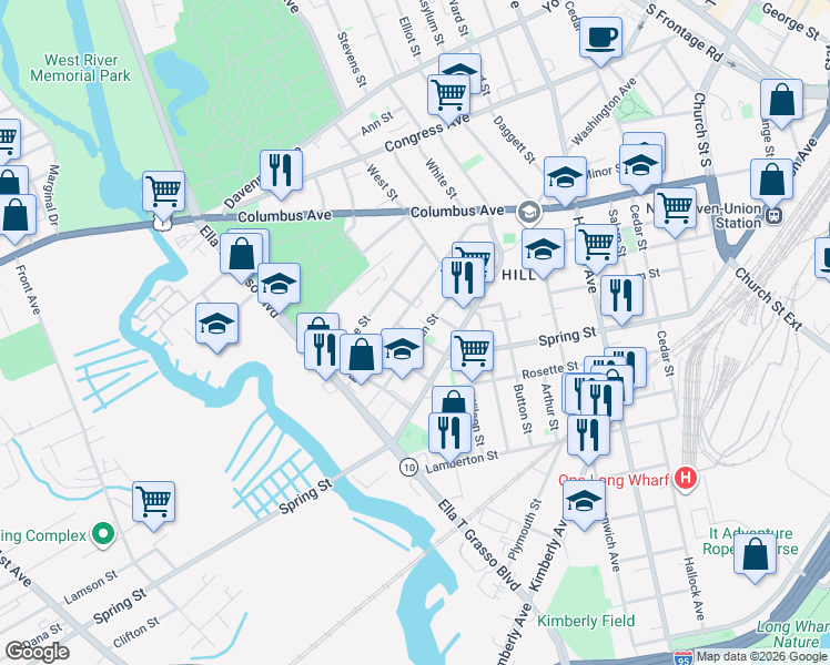 map of restaurants, bars, coffee shops, grocery stores, and more near 65 Truman Street in New Haven
