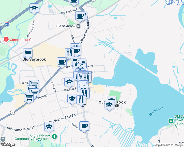 map of restaurants, bars, coffee shops, grocery stores, and more near 100 Dudley Avenue in Old Saybrook