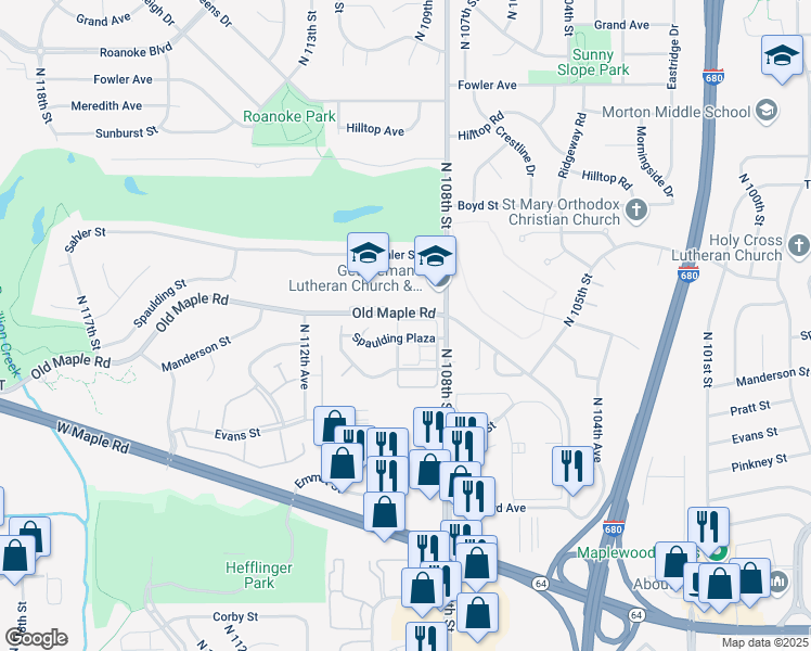 map of restaurants, bars, coffee shops, grocery stores, and more near 10826 Spaulding Plaza in Omaha