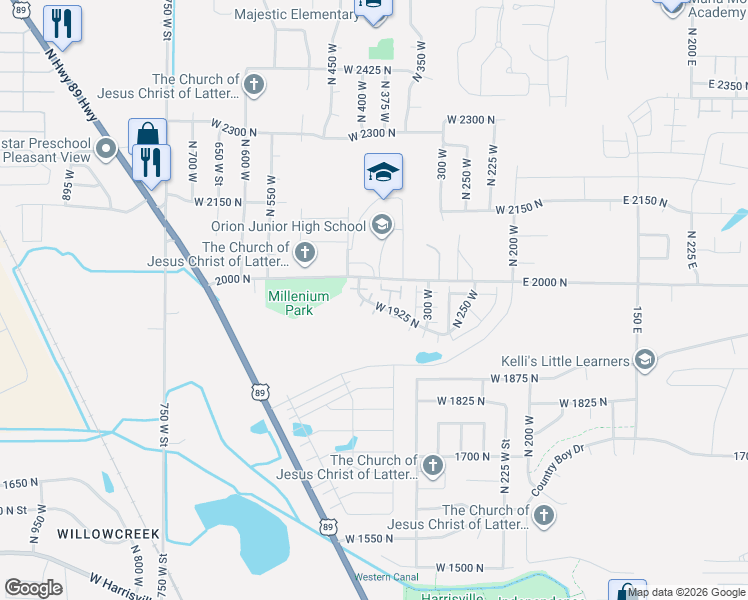 map of restaurants, bars, coffee shops, grocery stores, and more near 345 West 1925 North in Ogden