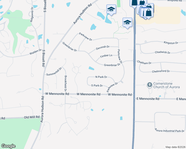 map of restaurants, bars, coffee shops, grocery stores, and more near 177 North Park Drive in Aurora