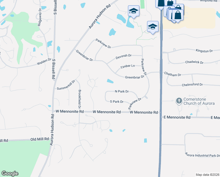 map of restaurants, bars, coffee shops, grocery stores, and more near 177 North Park Drive in Aurora