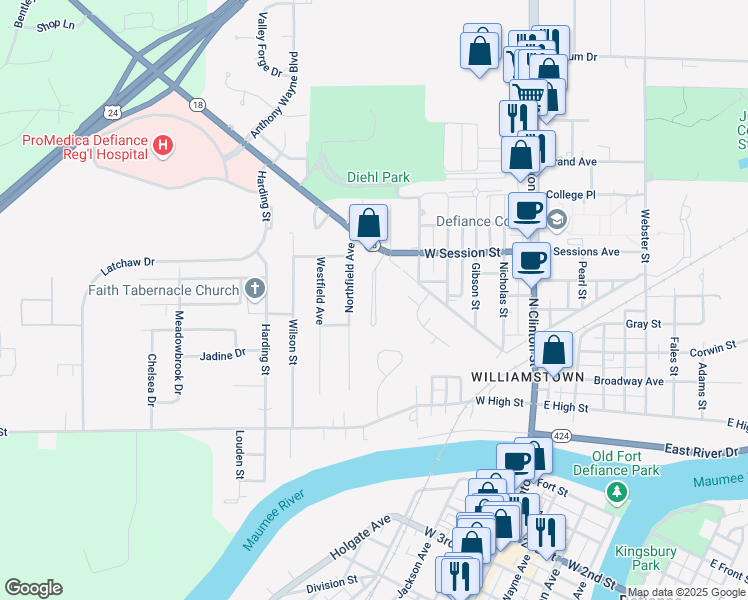 map of restaurants, bars, coffee shops, grocery stores, and more near 700 Ralston Avenue in Defiance