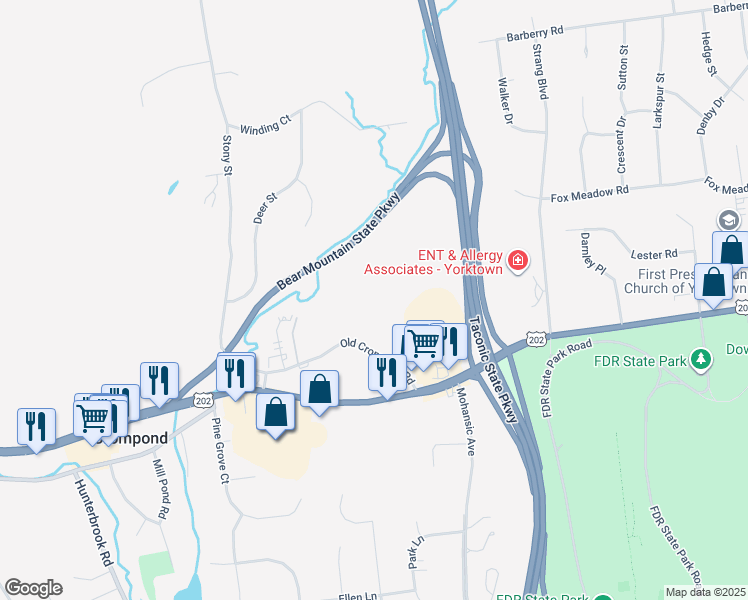 map of restaurants, bars, coffee shops, grocery stores, and more near 3258 Old Crompond Road in Yorktown Heights