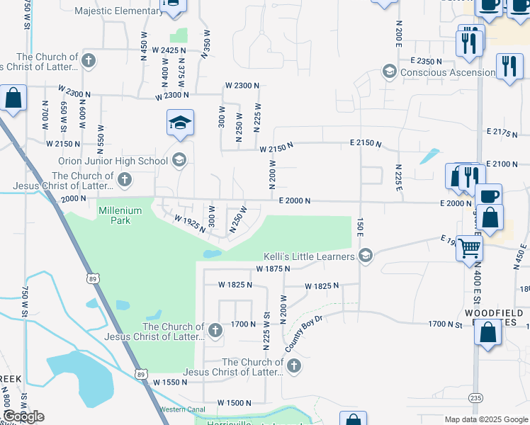 map of restaurants, bars, coffee shops, grocery stores, and more near 1980 North 225 West in Harrisville