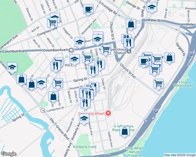 map of restaurants, bars, coffee shops, grocery stores, and more near 16 Rosette Street in New Haven