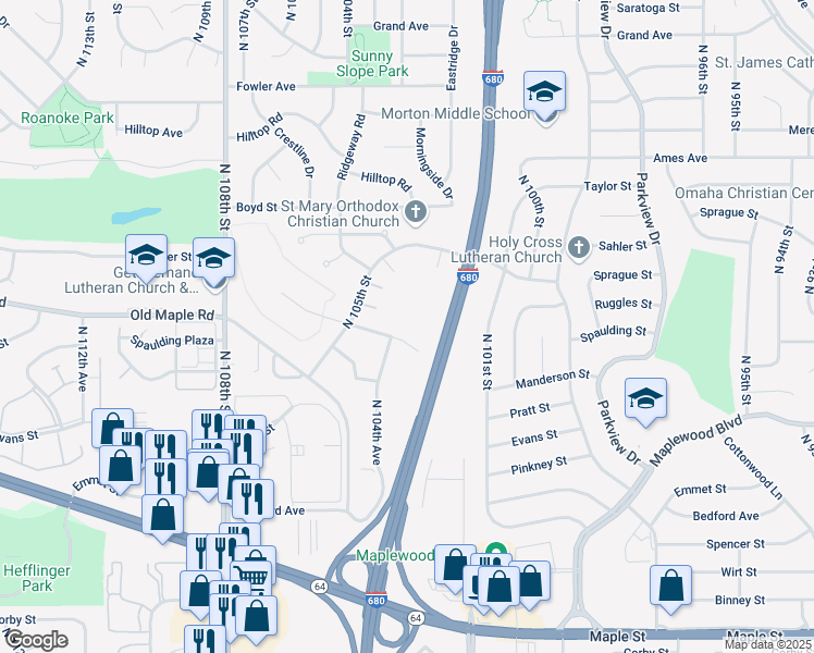 map of restaurants, bars, coffee shops, grocery stores, and more near 3826 North 104th Avenue in Omaha